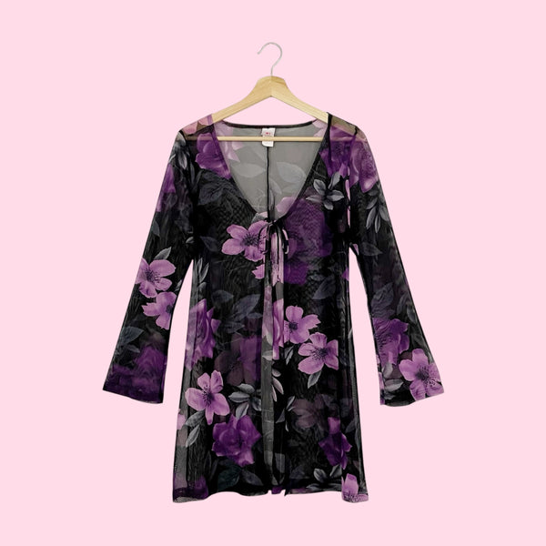 BLACK + PURPLE FLORAL MESH TIE FRONT COVER UP (M)