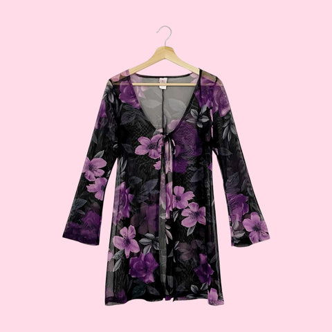 BLACK + PURPLE FLORAL MESH TIE FRONT COVER UP (M)