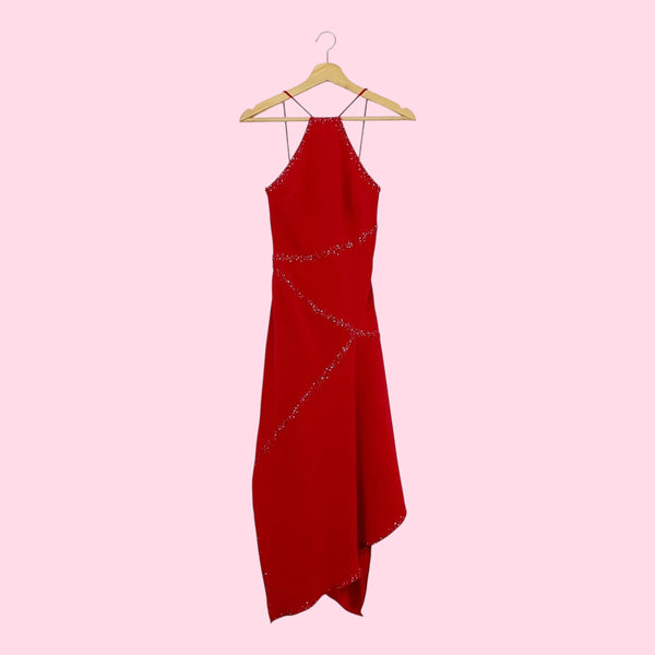 RED BEADED ASYMMETRICAL MIDI DRESS (2)