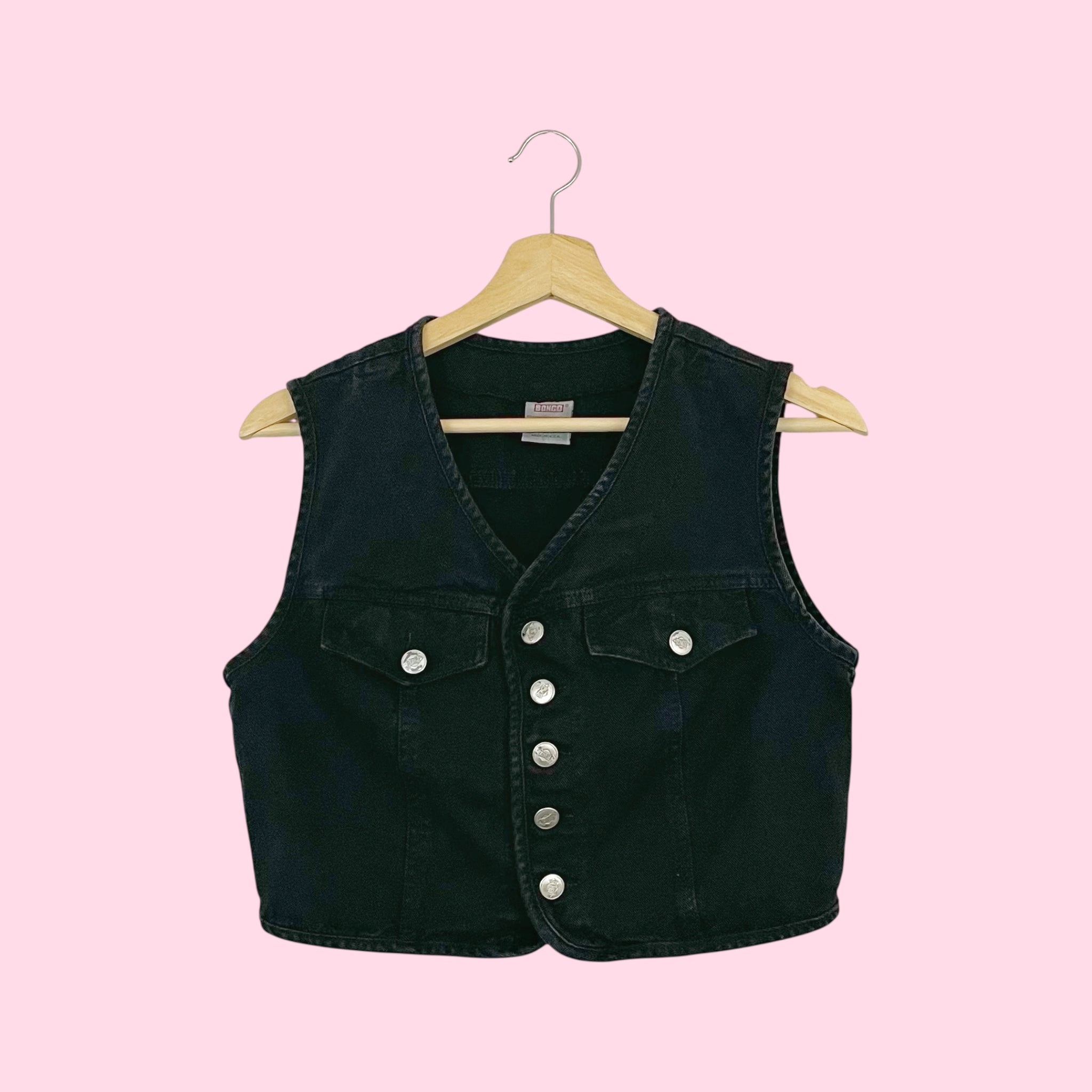 90S BONGO BLACK CROPPED DENIM VEST (M)