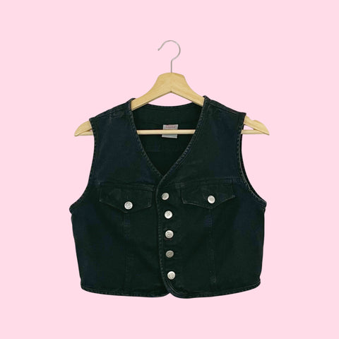 90S BONGO BLACK CROPPED DENIM VEST (M)