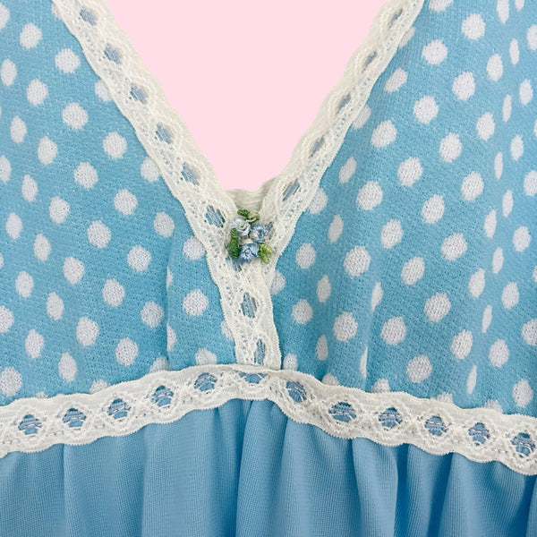 70S LIGHT BLUE POLKA DOT NIGHTGOWN (XS)