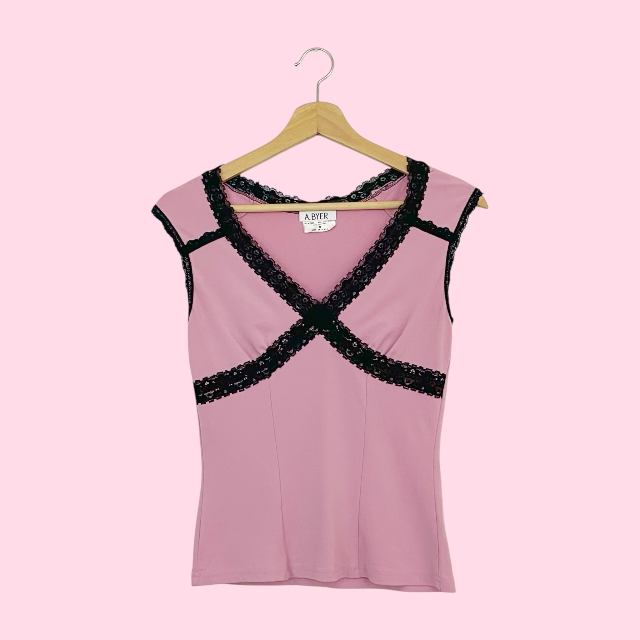 PINK + BLACK LACE TANK (M)