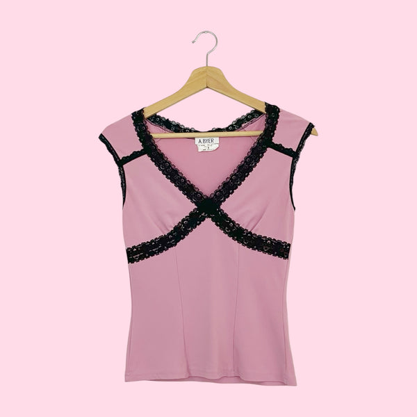 PINK + BLACK LACE TANK (M)