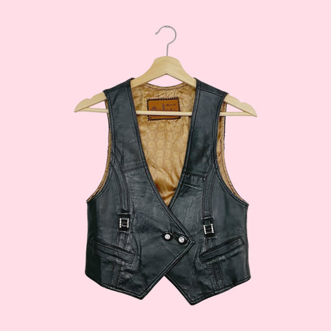 BLACK LEATHER VEST W/ RHINESTONE BUCKLES (S)