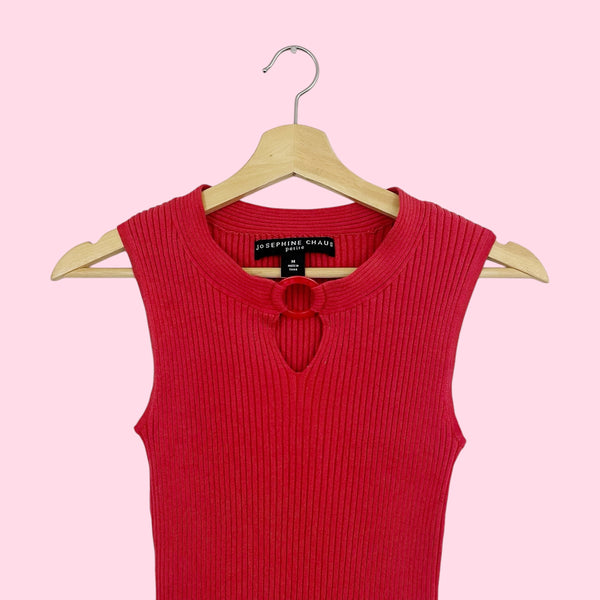 RED SILK KNIT KEYHOLE TANK (M)