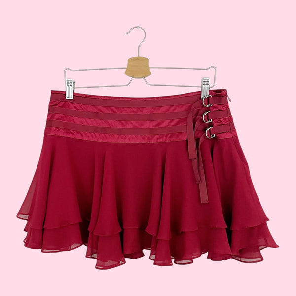 BEBE BURGUNDY SILK MINI SKIRT (L)