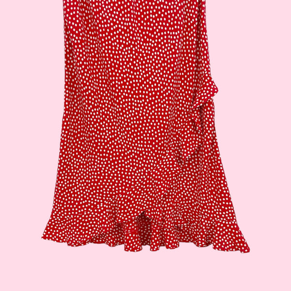 RED + WHITE POLKA DOT MIDI DRESS (XS)