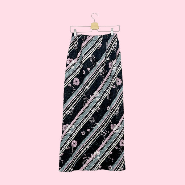 STRIPED FLORAL WRINKLE MAXI SKIRT (S)