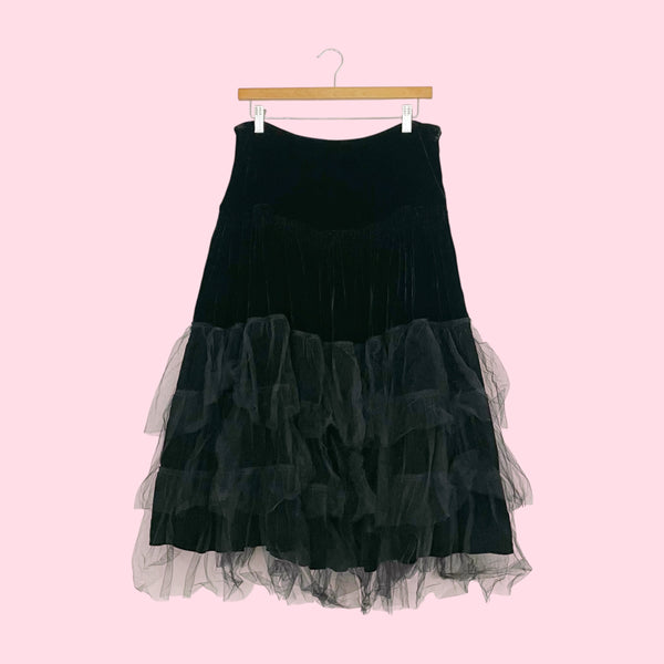 Black Velvet Tiered Midi Skirt w/ Tulle (30)