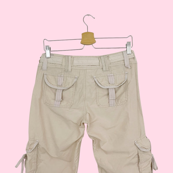BEIGE STRAPPY CARGO CAPRI PANTS (S)