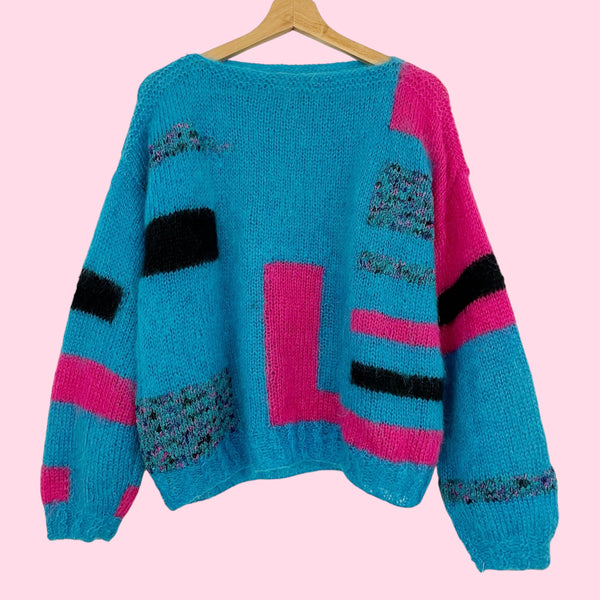 BLUE + PINK PATTERNED MOHAIR SWEATER (L)