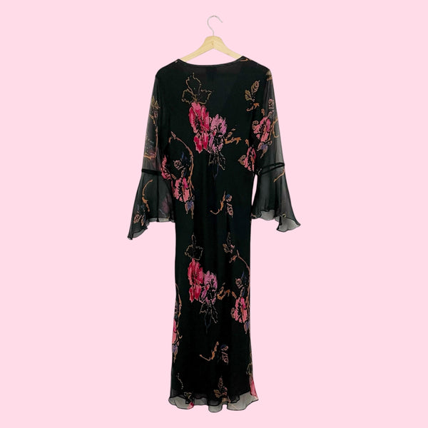 BLACK FLORAL SILK BELL SLEEVE MIDI DRESS (12)