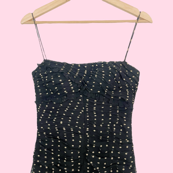 BLACK + TAN RUCHED SILK MIDI DRESS (2)