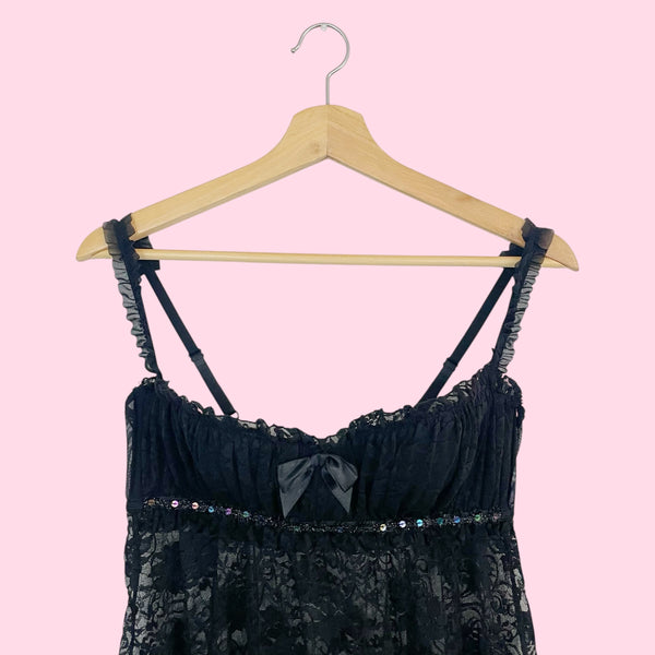 Frederick's Black Lace Babydoll w/ Sequins (L)