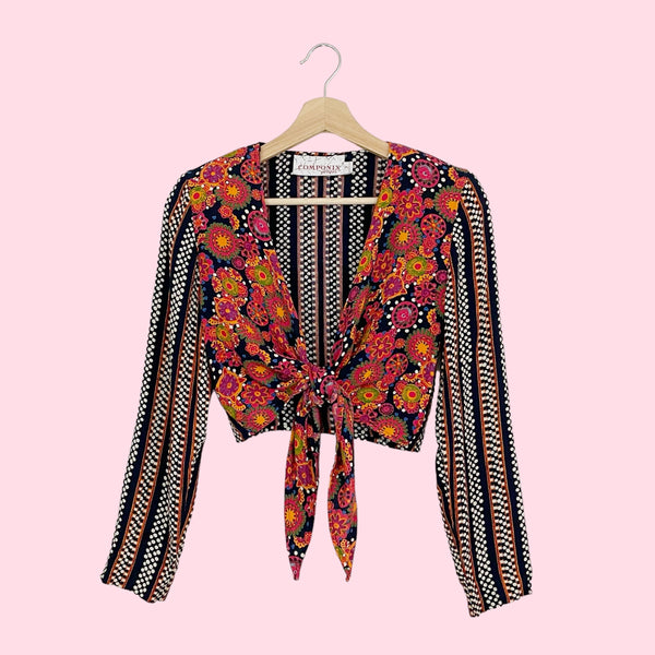 MIXED PRINT TIE FRONT CROPPED BLOUSE (S)