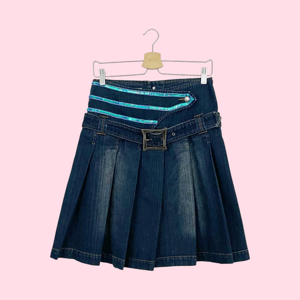 PLEATED BELTED DENIM SKIRT W/ SEQUINS (S/M)