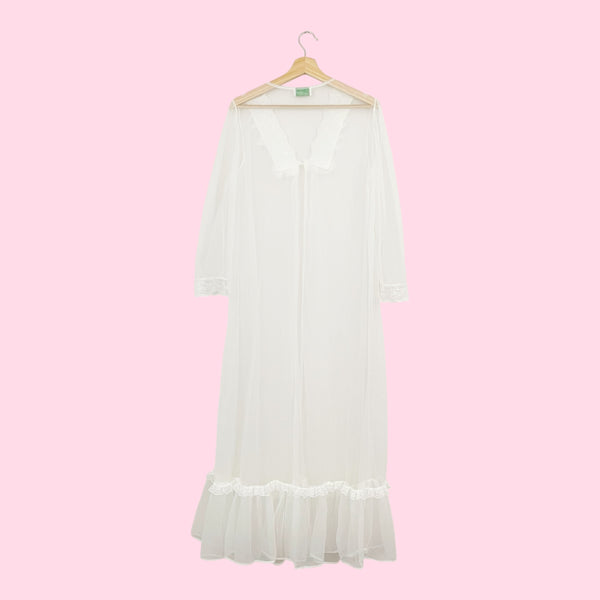 WHITE NYLON TIE FRONT PEIGNOIR (L)