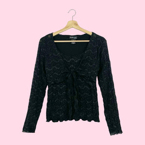 BLACK FLORAL LACE TIE FRONT BLOUSE (S)