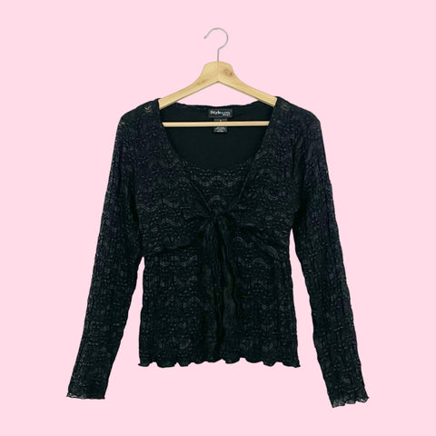 BLACK FLORAL LACE TIE FRONT BLOUSE (S)