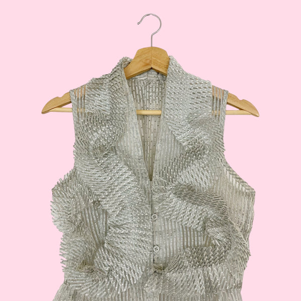 Gray Striped Sheer Pleated Ruffle Blouse (S)