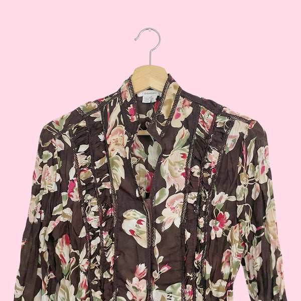 Y2K Brown Floral Ruched Blouse (S)