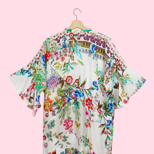 JOHNNY WAS FLORAL TIE FRONT RUFFLE KIMONO (XS)