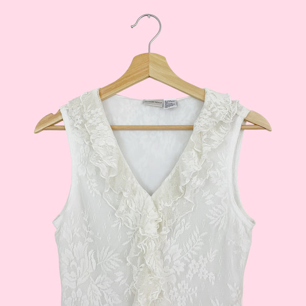 WHITE FLORAL LACE RUFFLE TANK (M)