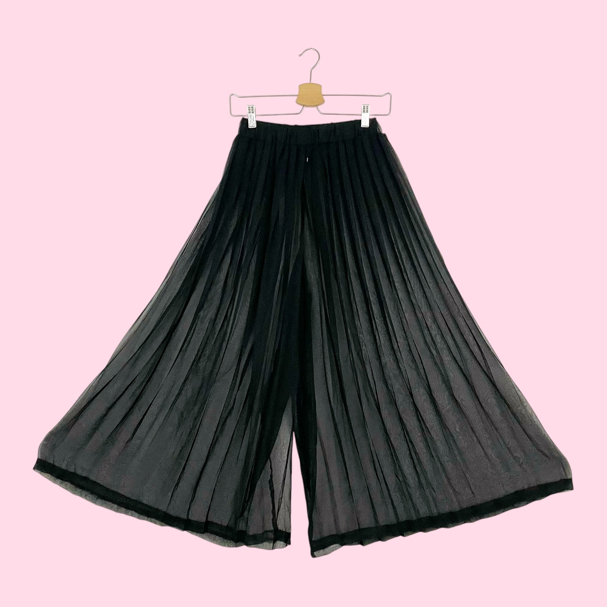 BLACK PLEATED SHEER WIDE LEG PANTS (S)
