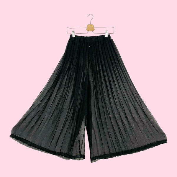 BLACK PLEATED SHEER WIDE LEG PANTS (S)