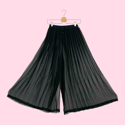 BLACK PLEATED SHEER WIDE LEG PANTS (S)
