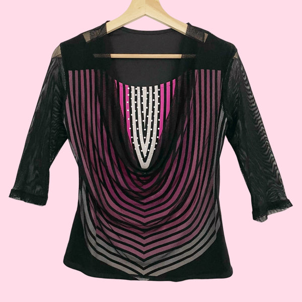 BLACK + PINK RHINESTONE COWL NECK TOP (M)