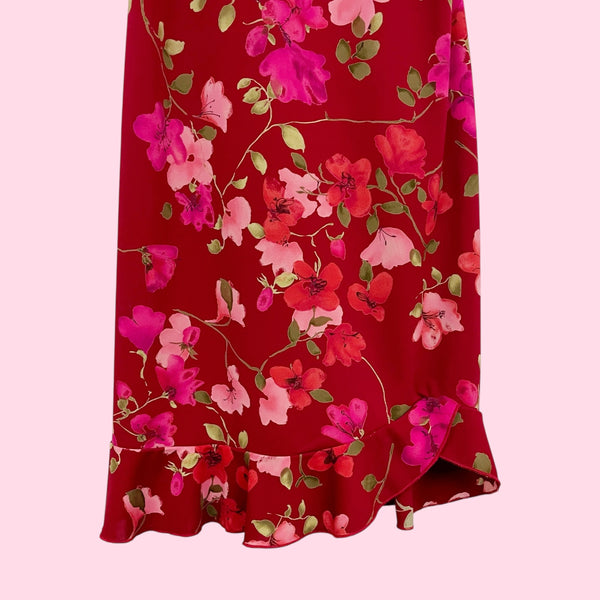 RED FLORAL RUFFLE MIDI DRESS (S)