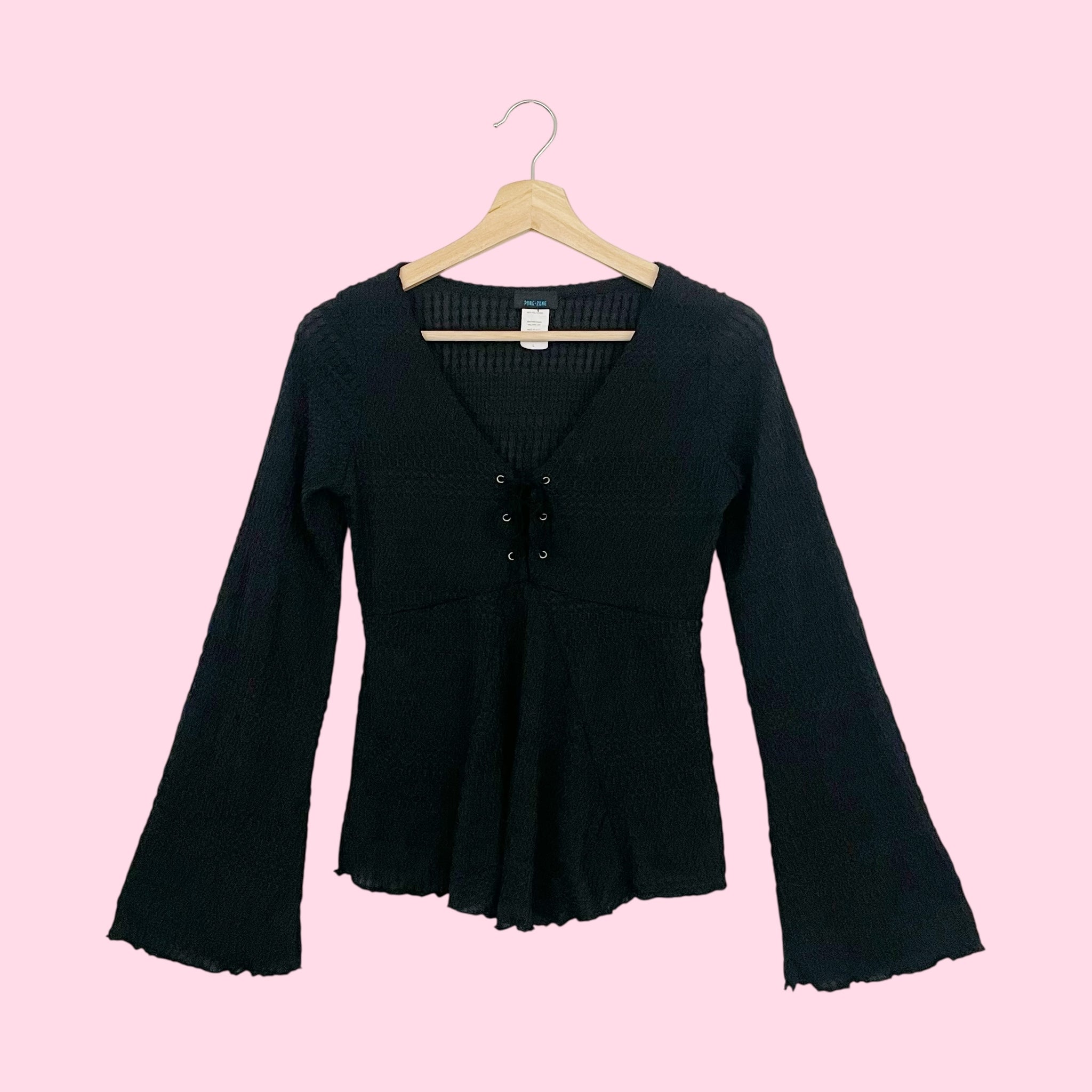 BLACK TEXTURED LACE UP BELL SLEEVE TOP (M)