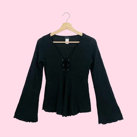 BLACK TEXTURED LACE UP BELL SLEEVE TOP (M)