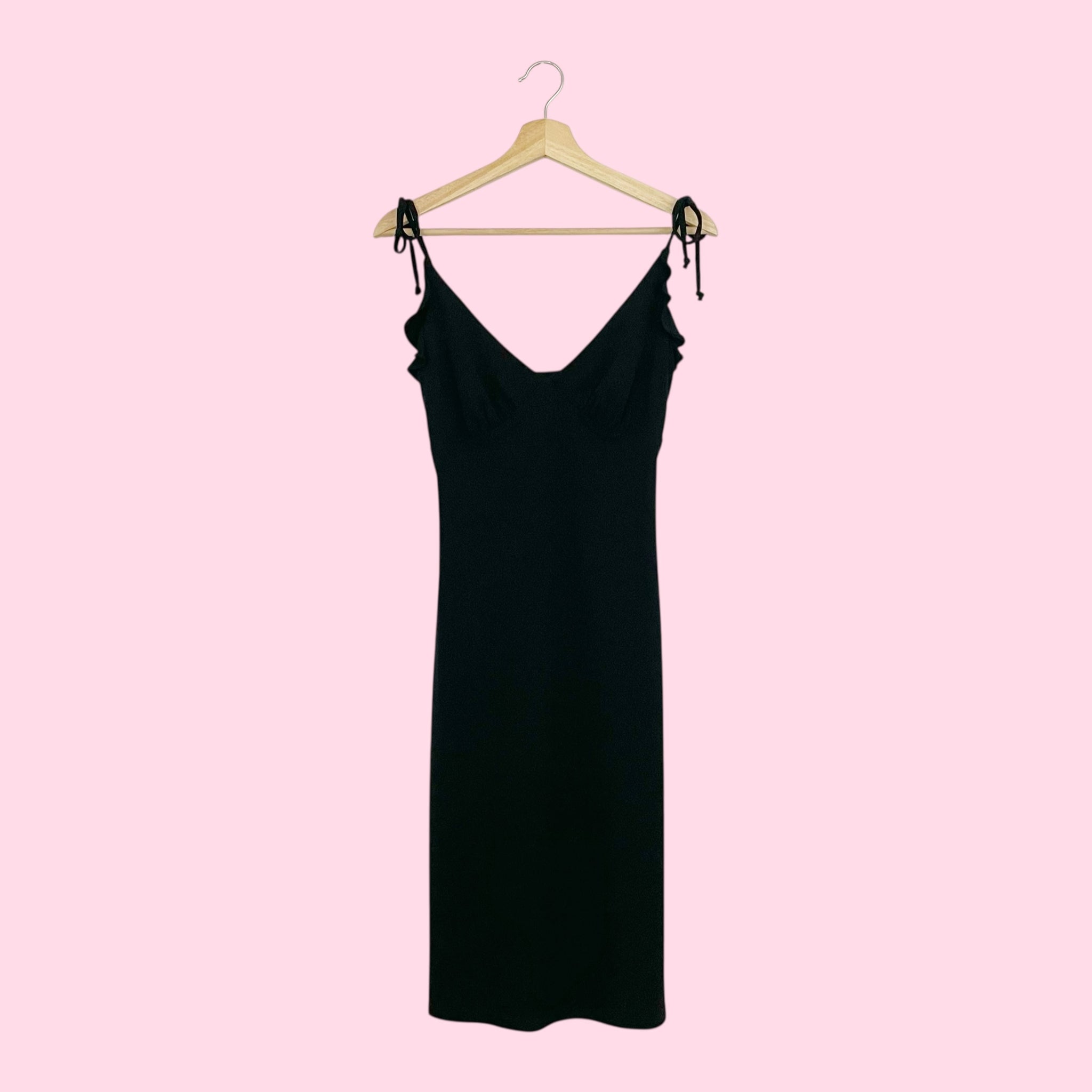 BLACK RUFFLE TIE STRAP MIDI DRESS (S/M)