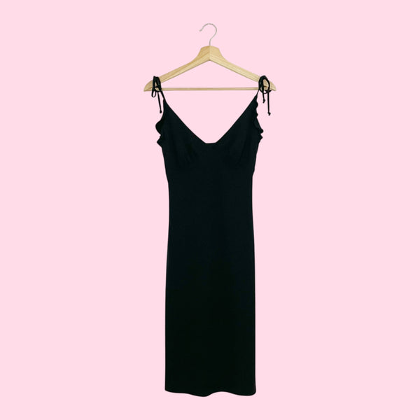 BLACK RUFFLE TIE STRAP MIDI DRESS (S/M)