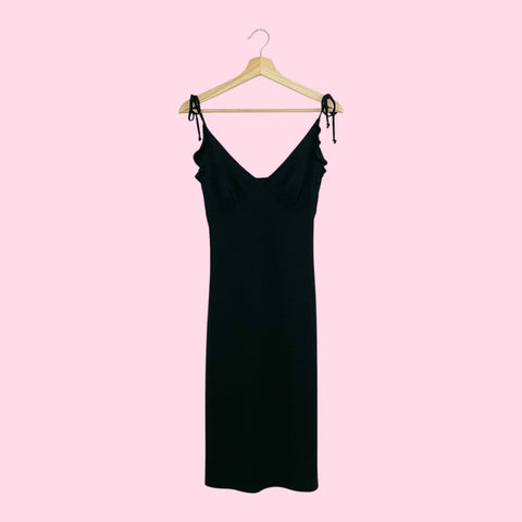 BLACK RUFFLE TIE STRAP MIDI DRESS (S/M)