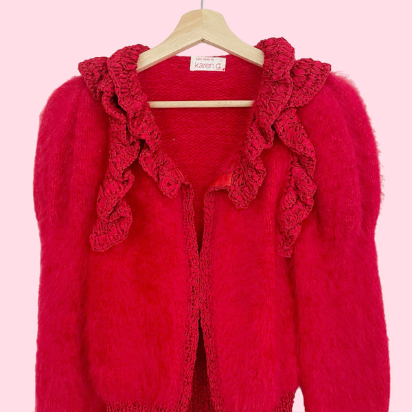 RED ANGORA PUFF SLEEVE CARDIGAN (S)