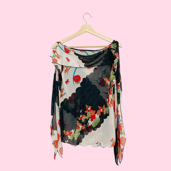 SHEER FLORAL PRINT TANK W/ OPEN TASSEL SLEEVE (S/M)
