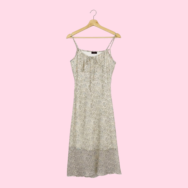 CREAM + BLUE FLORAL MILKMAID MIDI DRESS (M)