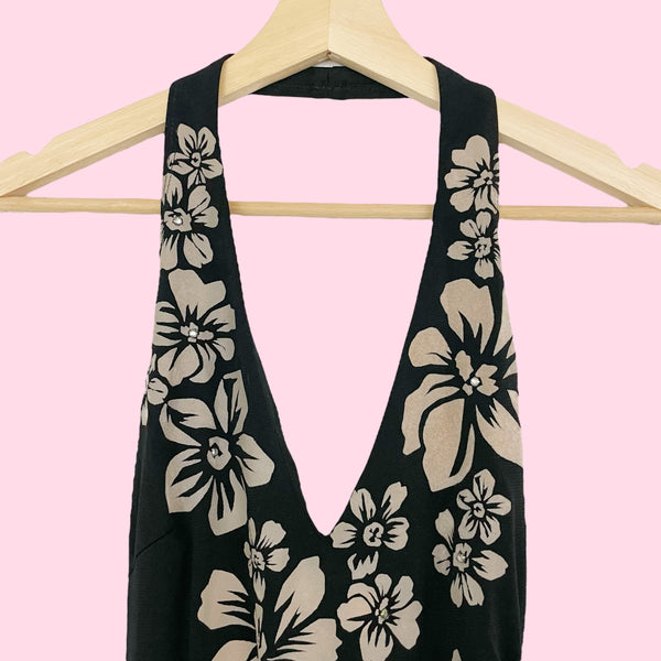 BLACK + TAN FLORAL HALTER MIDI DRESS (M)