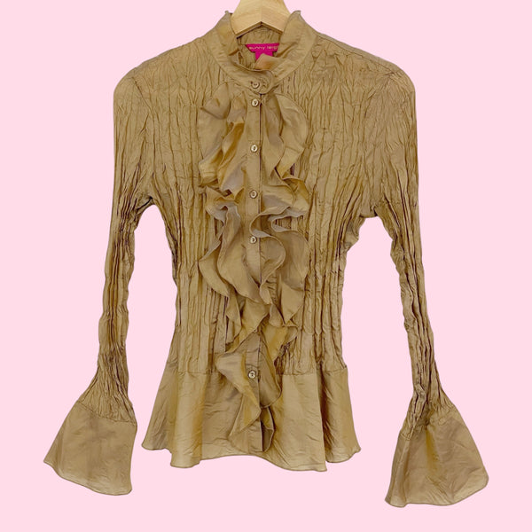 BROWN IRIDESCENT WRINKLED SILK BLOUSE (S/M)