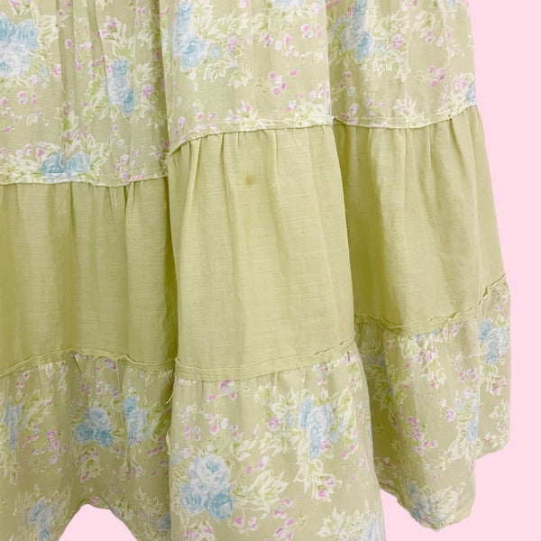 Light Green Floral Tiered Prairie Skirt (M)