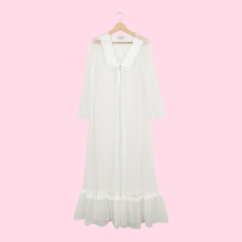 WHITE NYLON TIE FRONT PEIGNOIR (L)