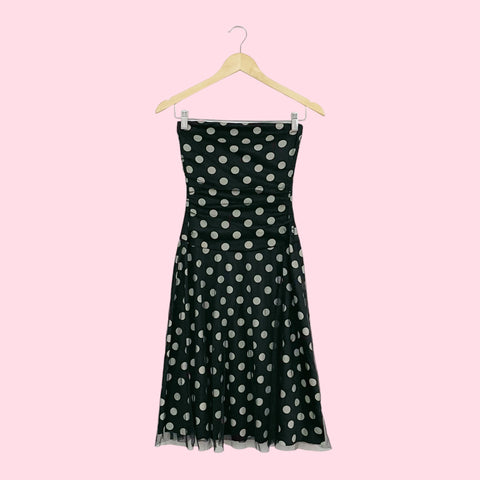 POLKA DOT RUCHED MESH MIDI DRESS (S)