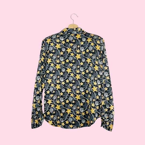 90s Black + Gold Star Print Silk Blouse (S)