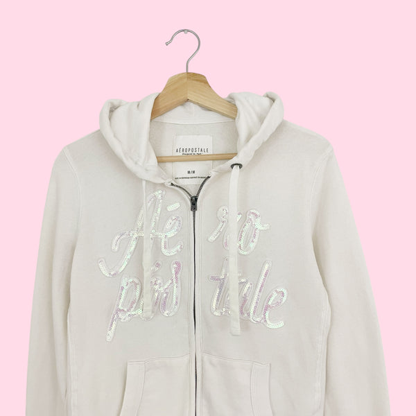 Y2K AEROPOSTALE SEQUINS LOGO ZIP UP HOODIE (M)