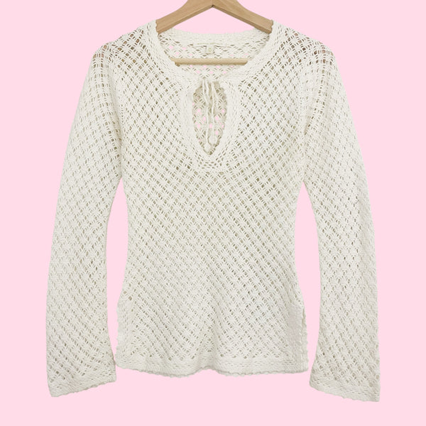 White Crochet Tie Keyhole Sweater (XS)