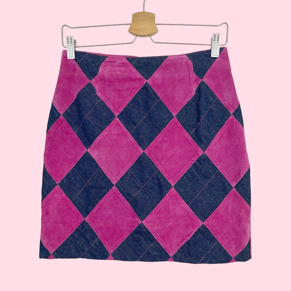 PINK SUEDE + DENIM ARGYLE SKIRT (6)